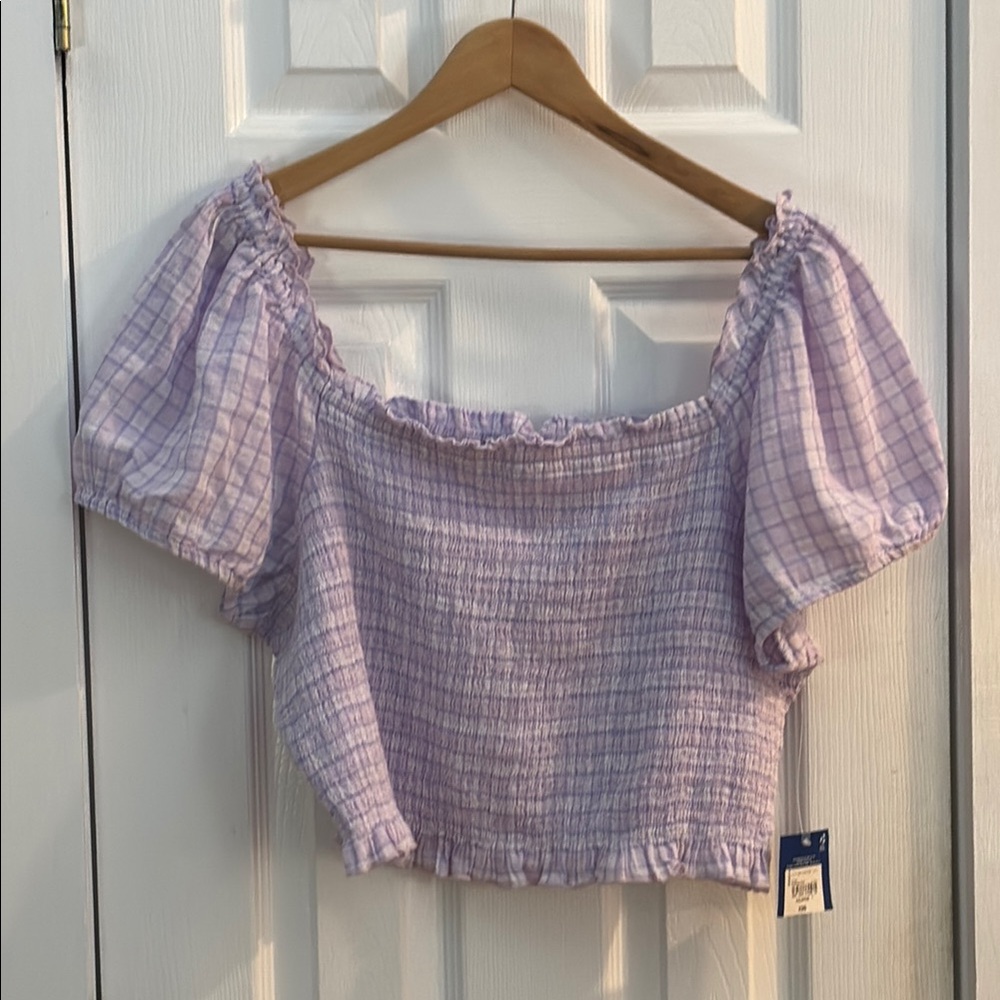 NWT Arizona Jean Lavender Smocked Puff Sleeve CropTop XXL , Pastel Plaid